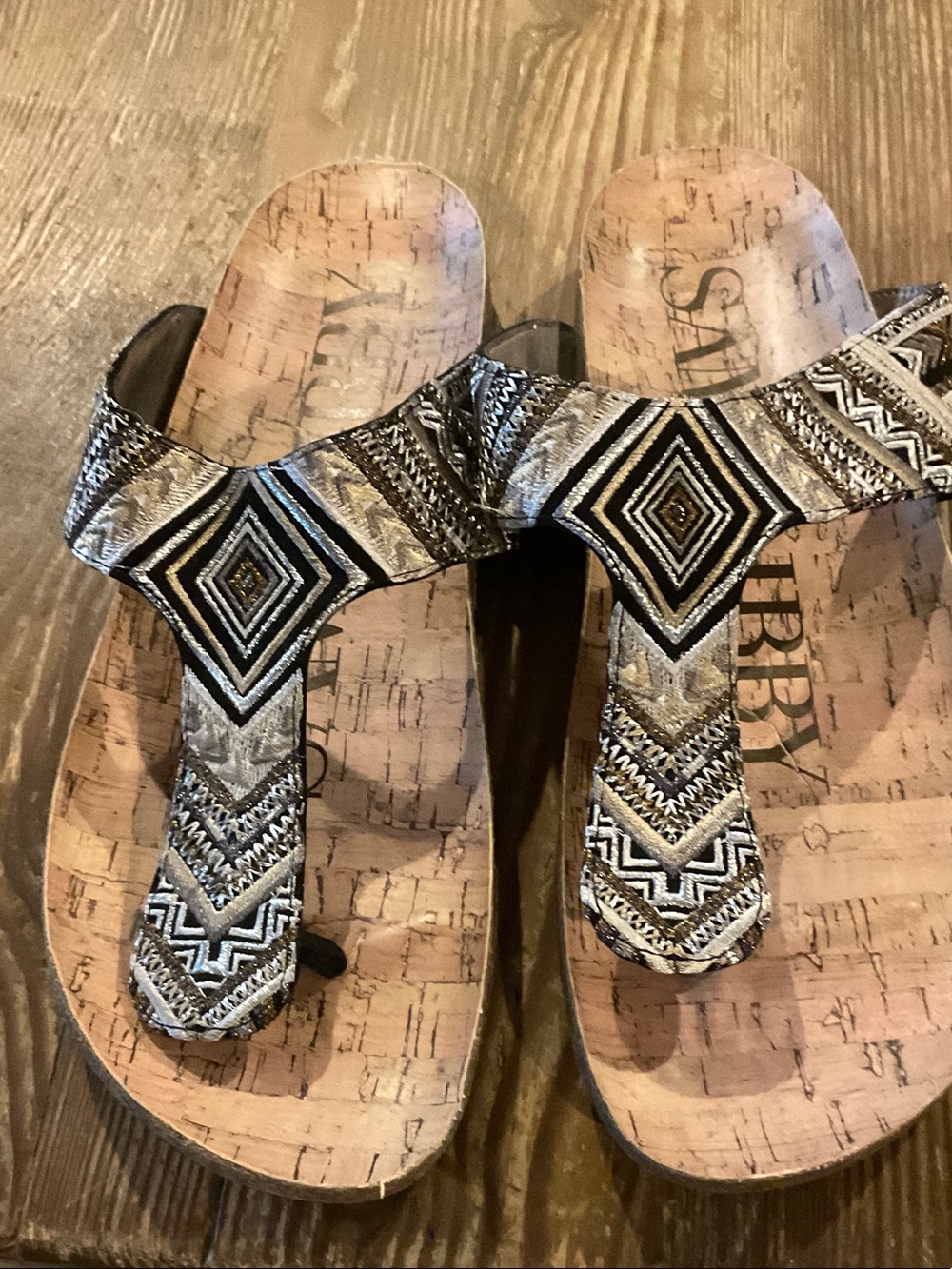 Sam & Libby Black and Tan Embroidered Cork Thong Sandals